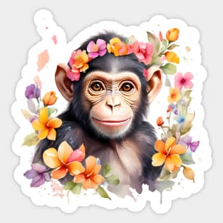 A baby chimpanzee decorated with beautiful watercolor flowers Sticker